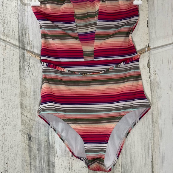 Victoria Secret One Piece Strapless Belted Swim Suit Striped Sheer panels Small - Picture 3 of 14